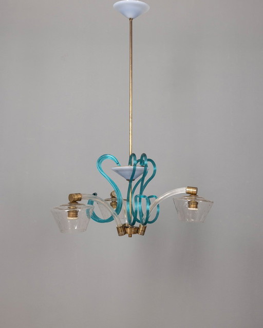 Vintage 1950S Brass And Murano Glass Chandelier Italian Design 