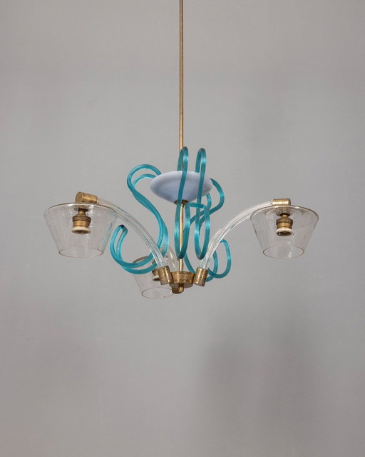 Vintage 1950S Brass And Murano Glass Chandelier Italian Design 