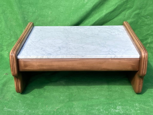 Leather and travertine coffee table