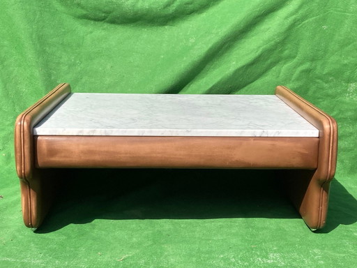 Leather and travertine coffee table