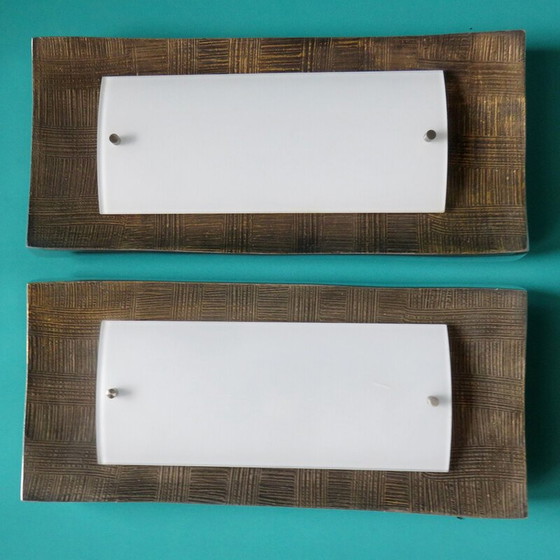 Image 1 of Pair of vintage rectangular opaline glass wall lamp for Fisher Leuchten, Germany 1980