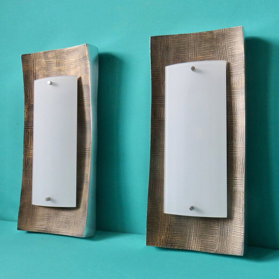 Image 1 of Pair of vintage rectangular opaline glass wall lamp for Fisher Leuchten, Germany 1980