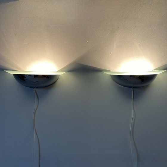 Image 1 of Pair Of Post Modern Wall Lamps Chrome And Glass , 1980S