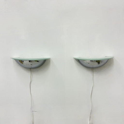 Pair Of Post Modern Wall Lamps Chrome And Glass , 1980S