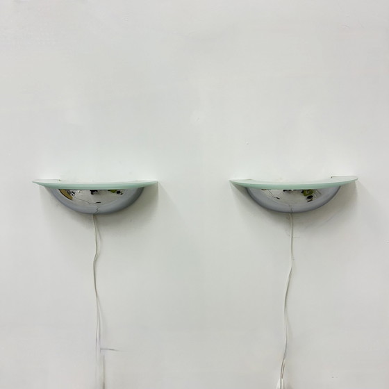 Image 1 of Pair Of Post Modern Wall Lamps Chrome And Glass , 1980S