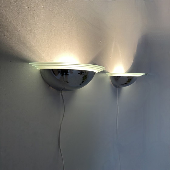 Image 1 of Pair Of Post Modern Wall Lamps Chrome And Glass , 1980S