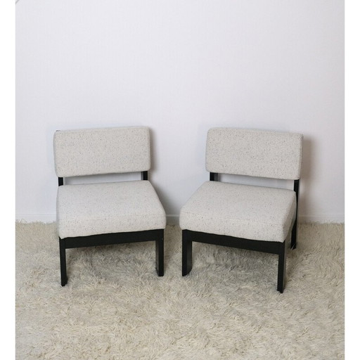 Pair of vintage Dlg armchairs in black wood and white fabric by Tobbia Scarpa, 1980