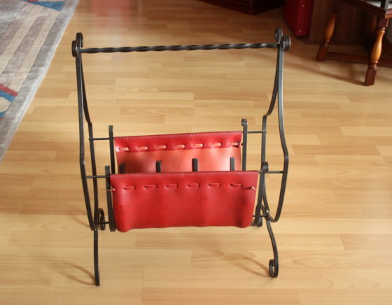 Image 1 of Wrought iron magazine rack with dark red leather, vintage