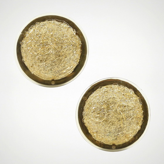 Image 1 of Set of 2 brass and glass wall lights, 1980s