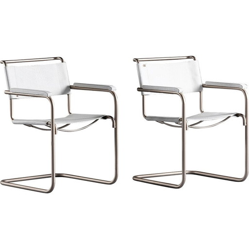 Pair of vintate S34 armchairs in white leather by Mart Stam for Thonet, Holland 1930