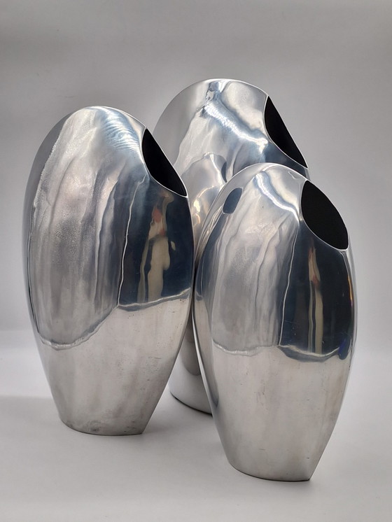 Image 1 of Set of 3 large handmade designer aluminum vases, polished