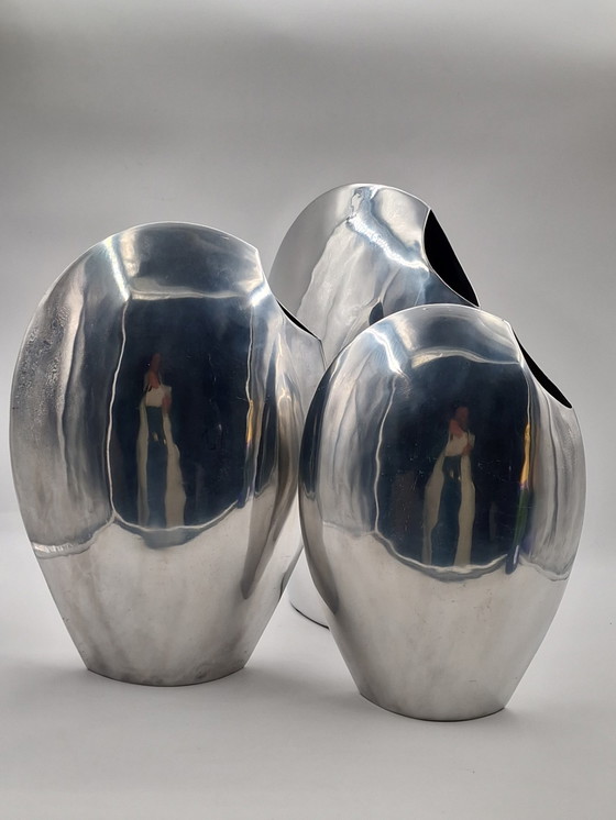 Image 1 of Set of 3 large handmade designer aluminum vases, polished