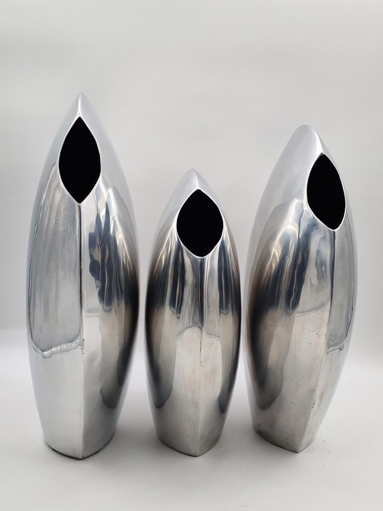 Image 1 of Set of 3 large handmade designer aluminum vases, polished