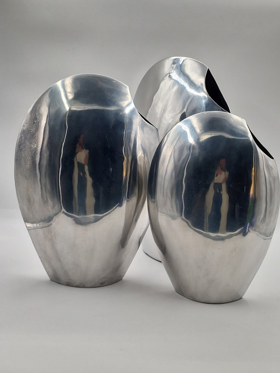 Image 1 of Set of 3 large handmade designer aluminum vases, polished