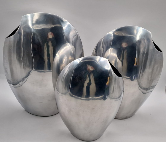 Image 1 of Set of 3 large handmade designer aluminum vases, polished