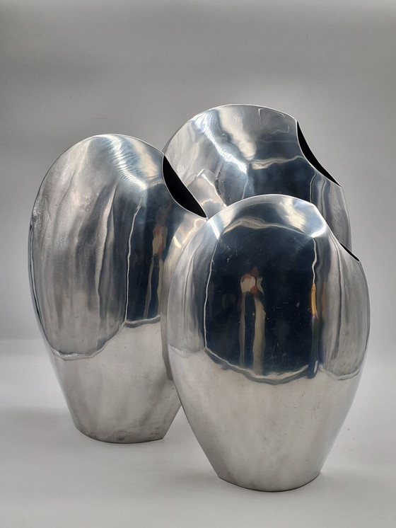 Image 1 of Set of 3 large handmade designer aluminum vases, polished