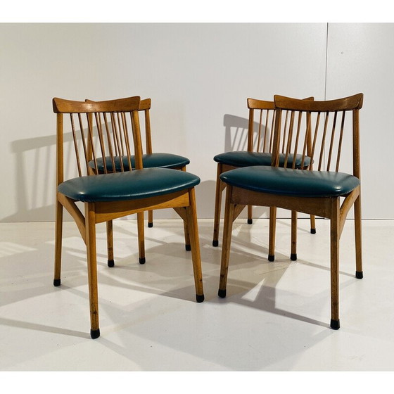 Image 1 of Set of 4 vintage chairs in beech and faux green leather, Italy 1960s