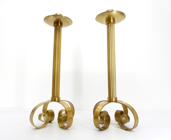 Image 1 of Pair Of Scandinavian Xxl Brass Candleholders Ivar Ålenius Björk For Ystad Metall 1960