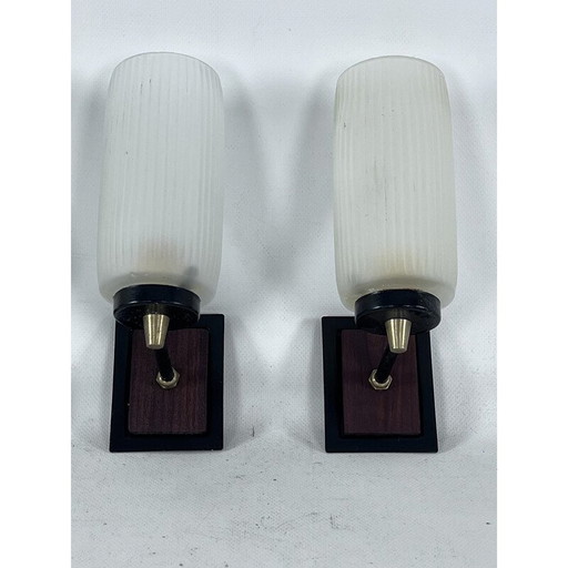 Set of 3 vintage wall lamps in glass, brass, lacquer and wood, Italy 1950