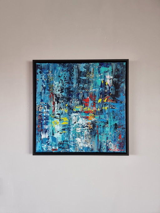 Frances Eckhardt - Peinture abstraite moderne bleue 50x50 + cadre 2/2