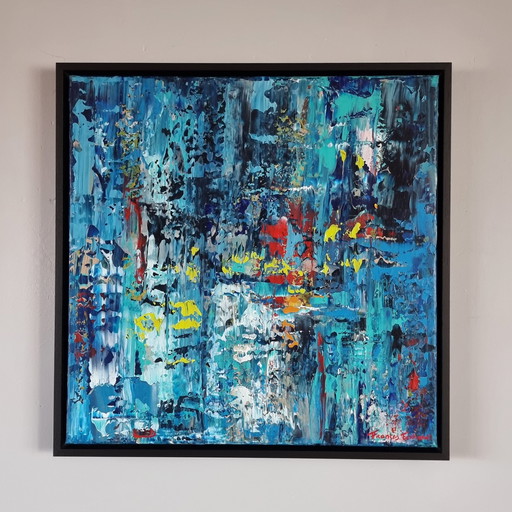 Frances Eckhardt - Peinture abstraite moderne bleue 50x50 + cadre 2/2