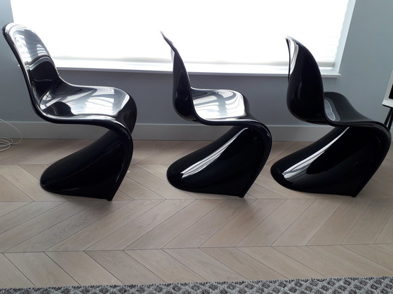 Image 1 of 3 sillas de comedor originales Verner Panton (Vitra) en negro brillante