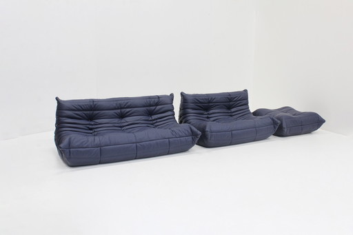 Original Togo Sofa Set Blue Leather Ligne Roset