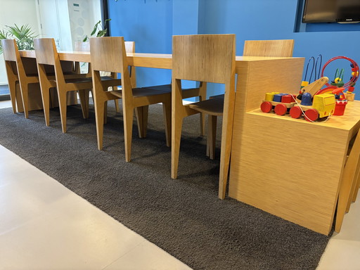 8X Chairs Tom Collection And Table Of Birch Plywood And Natural Lacquered, Includes Children's Area With 2 Tom Chairs