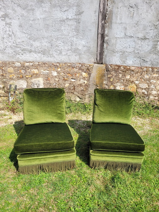 2x Vintage Green Velvet Fireside Chairs