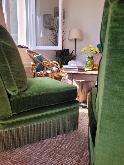 2x Vintage Green Velvet Fireside Chairs