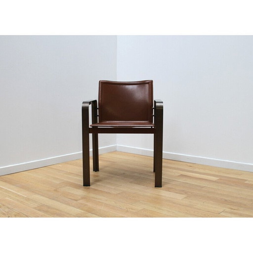 Set of 4 vintage armchairs in metal and brown leather by Golfo Dei Poeti for Matteo Grassi, 1980