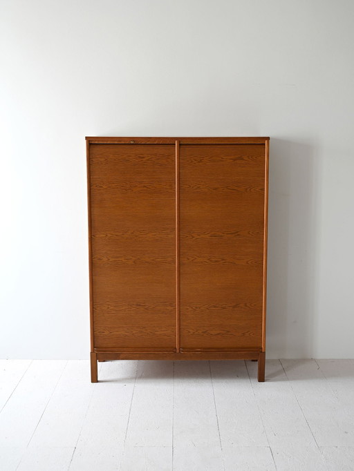 1960S Scandinavian Oak Filing Cabinet With Tambour Doors And Shelves