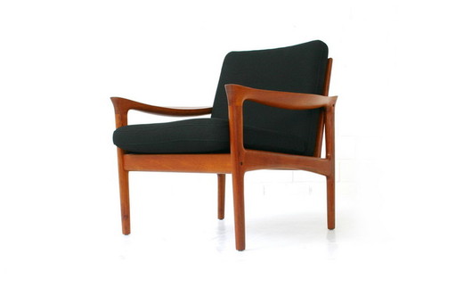 Glostrup Mid-Centtury Danish Teak Lounge Chair attribuee a Illum Wikkelso, new cover, new straps