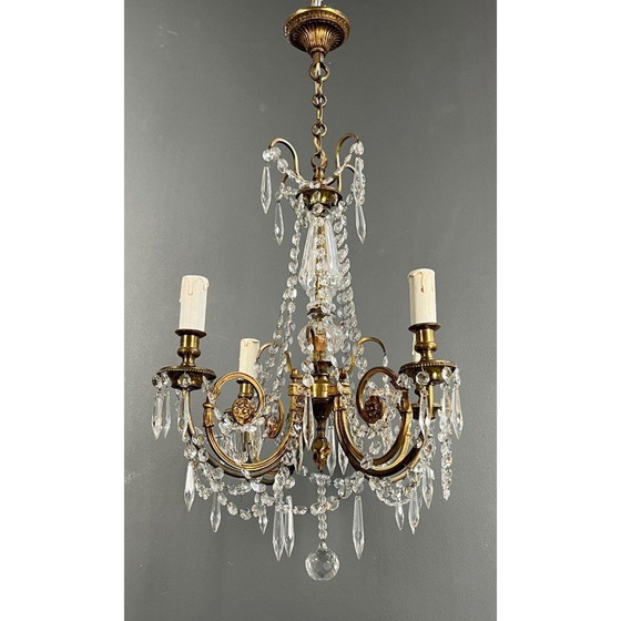 Image 1 of Vintage bronze chandelier with crystals, France 1900