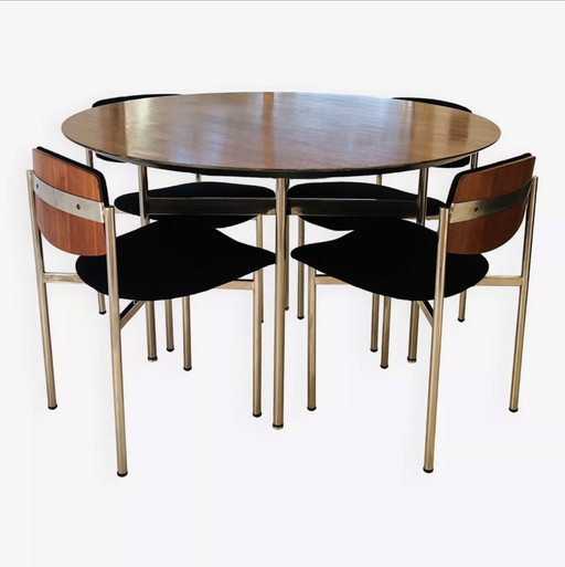 Wood And Metal Dining Table And Chairs, Italy 60s