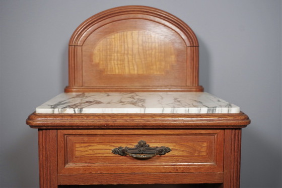Image 1 of Vintage 1940S-50S Cherry & Beech Wood Nightstand With Marble Top – Italian Mid-Century Elegance