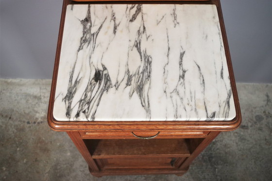 Image 1 of Vintage 1940S-50S Cherry & Beech Wood Nightstand With Marble Top – Italian Mid-Century Elegance