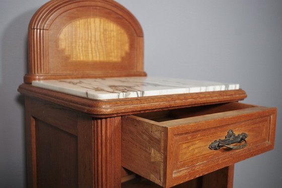 Image 1 of Vintage 1940S-50S Cherry & Beech Wood Nightstand With Marble Top – Italian Mid-Century Elegance