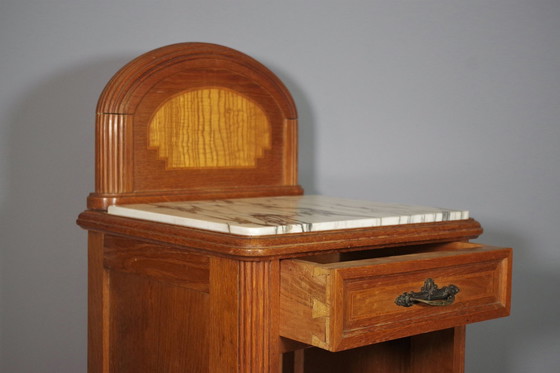 Image 1 of Vintage 1940S-50S Cherry & Beech Wood Nightstand With Marble Top – Italian Mid-Century Elegance