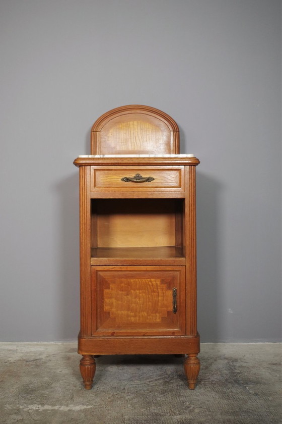Image 1 of Vintage 1940S-50S Cherry & Beech Wood Nightstand With Marble Top – Italian Mid-Century Elegance