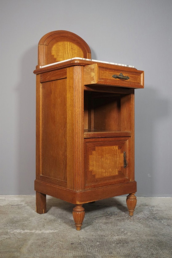 Image 1 of Vintage 1940S-50S Cherry & Beech Wood Nightstand With Marble Top – Italian Mid-Century Elegance