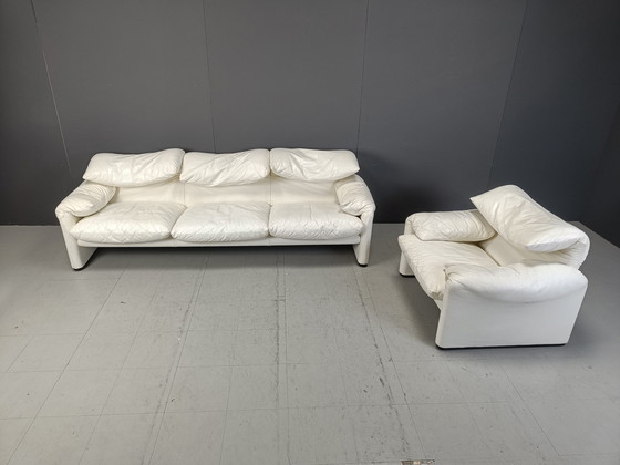 Image 1 of Leather Maralunga Sofa Set By Vico Magistretti For Cassina, 1973