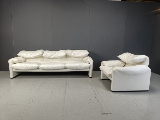 Image 1 of Leather Maralunga Sofa Set By Vico Magistretti For Cassina, 1973