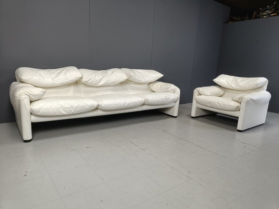 Image 1 of Leather Maralunga Sofa Set By Vico Magistretti For Cassina, 1973