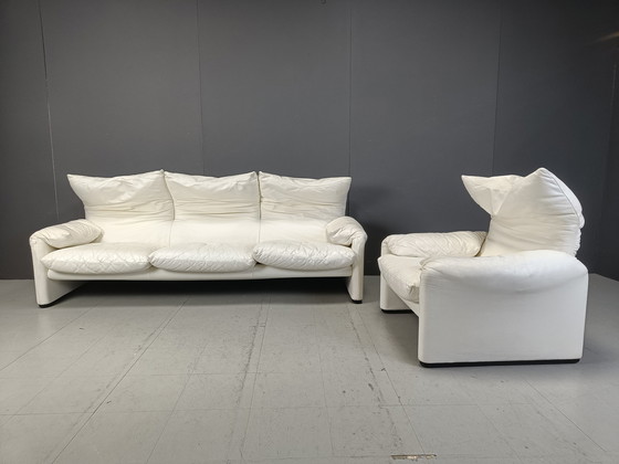 Image 1 of Leather Maralunga Sofa Set By Vico Magistretti For Cassina, 1973