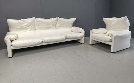 Image 1 of Leather Maralunga Sofa Set By Vico Magistretti For Cassina, 1973