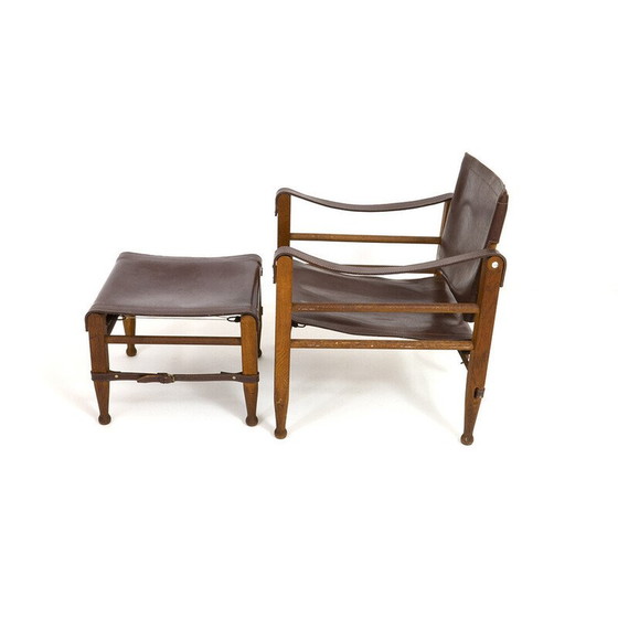 Image 1 of Vintage oakwood Safari armchair and ottoman in leather by Aage Bruun and Son, 1960s