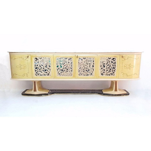 Credenza vintage in pergamena con base in marmo, Italia 1959