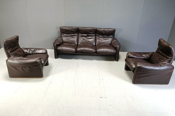 Image 1 of Early Leather Maralunga Sofa Set By Vico Magistretti For Cassina, 1973