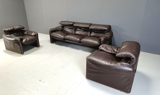 Image 1 of Early Leather Maralunga Sofa Set By Vico Magistretti For Cassina, 1973